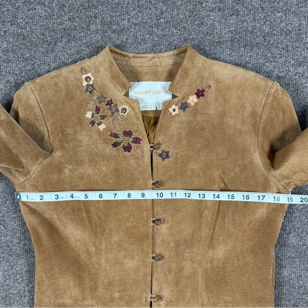 Margaret Godfrey Tan Suede Leather Coat Women’s 6 Embroidered Florals Mid Length - Picture 11 of 12